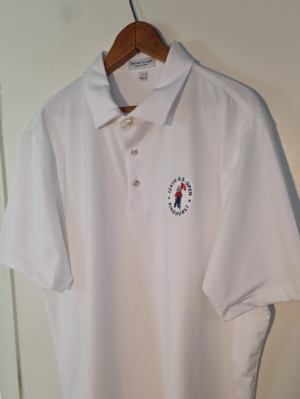 NWOT Peter Millar Large U.S. OPEN @ Pinehurst White Polo with Red & Blue Logo